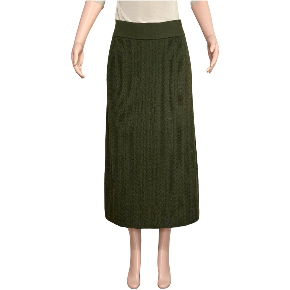 SÉZANE Marilou Merino Wool/Cotton Cable Knit Midi Skirt, Khaki, Large - Picture 8 of 13